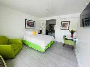 Single queen bed in middle of clean, bright hotel room with deskette to the right and green armchair left.